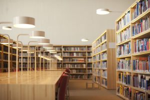 Kirjahyllyjä Apila-kirjaston kirjasalissa.